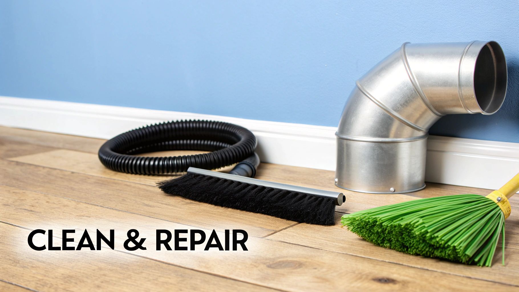 A person cleaning a dryer vent duct with a brush.