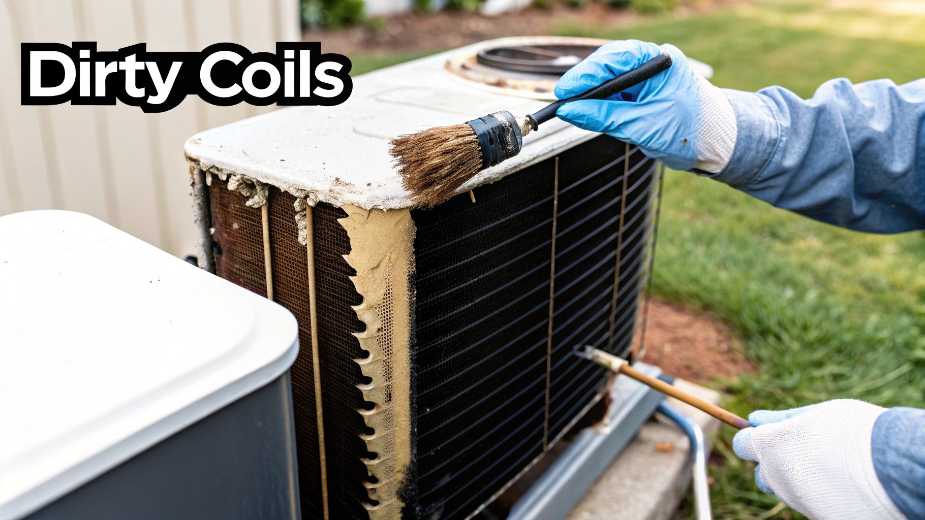 A person wearing blue gloves is cleaning the visibly dirty coils of an outdoor air conditioning unit with brushes.