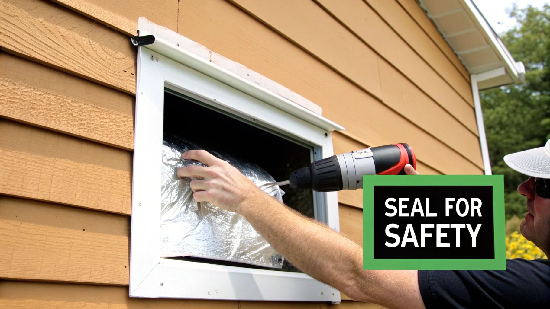 A person is shown drilling into a wall next to a window, installing a dryer vent with insulation, with a "SEAL FOR SAFETY" overlay.
