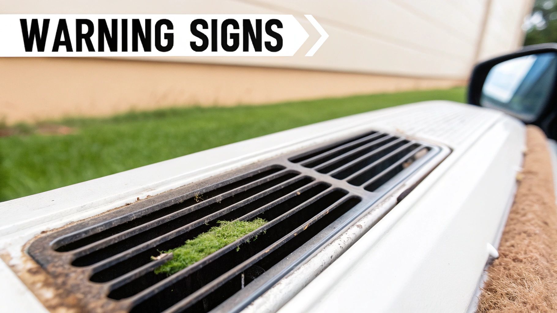 Close-up of a dusty and dirty air duct vent cover on a wall.