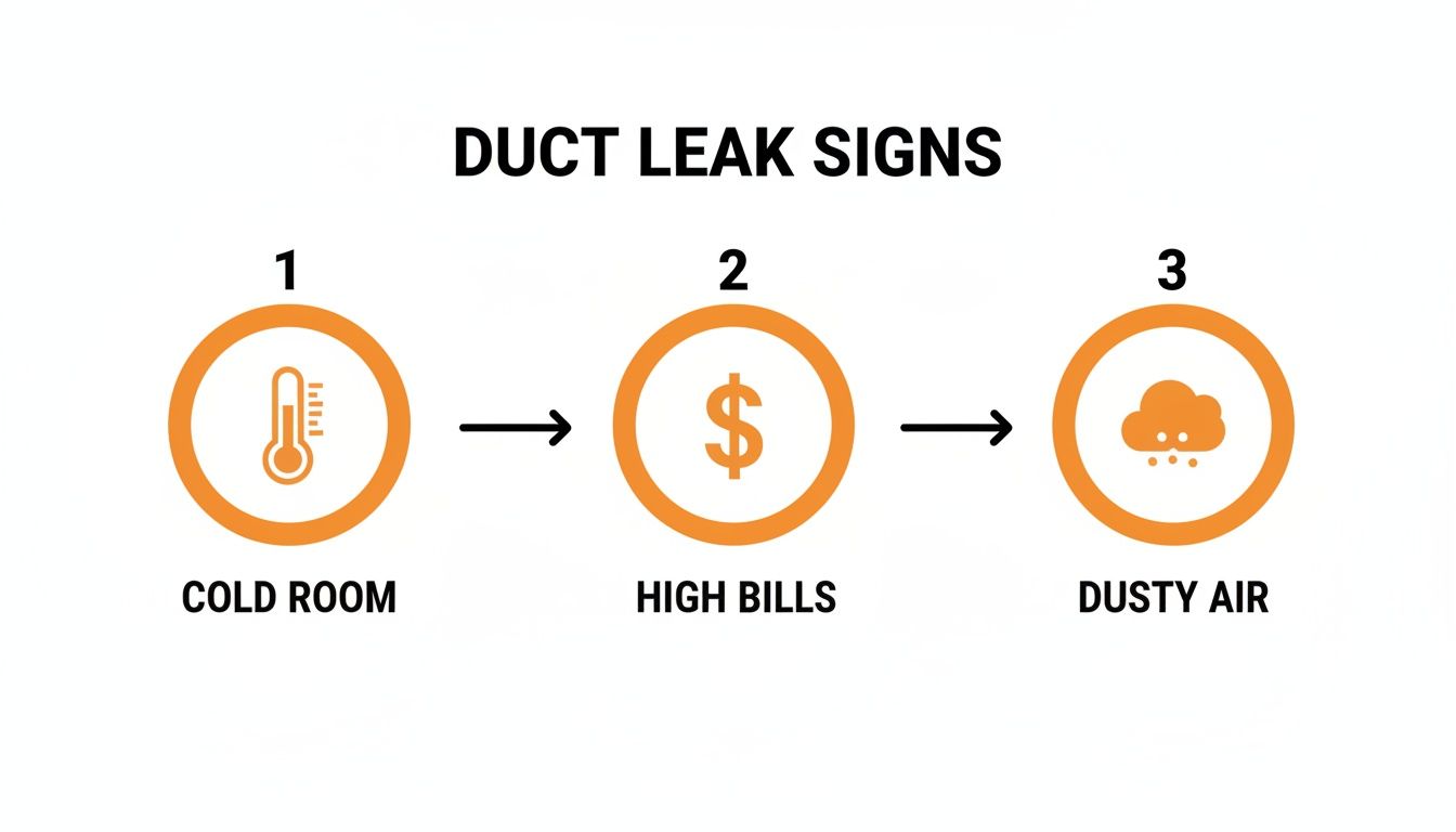 Infographic showing three common signs of duct leaks: cold rooms, high energy bills, and dusty air.