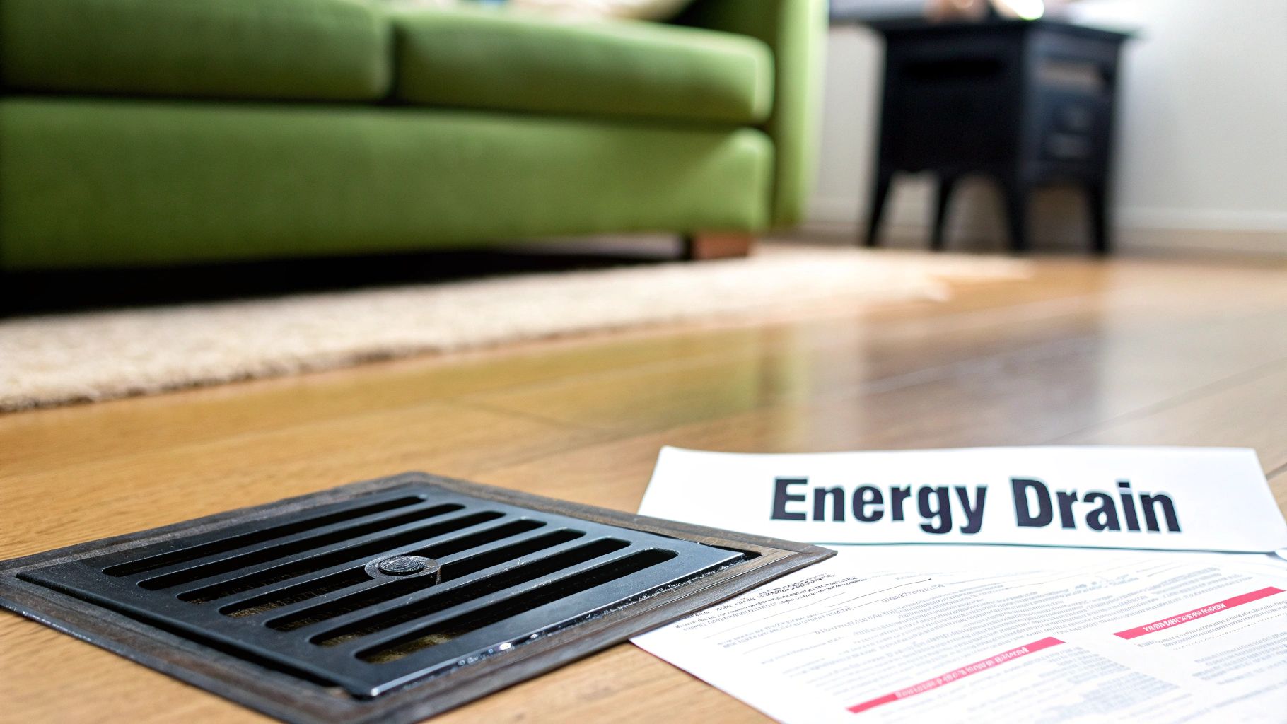 A close-up of a black metal floor air vent on a wooden floor, with papers titled 'Energy Drain' beside it. A green sofa is blurred in the background.