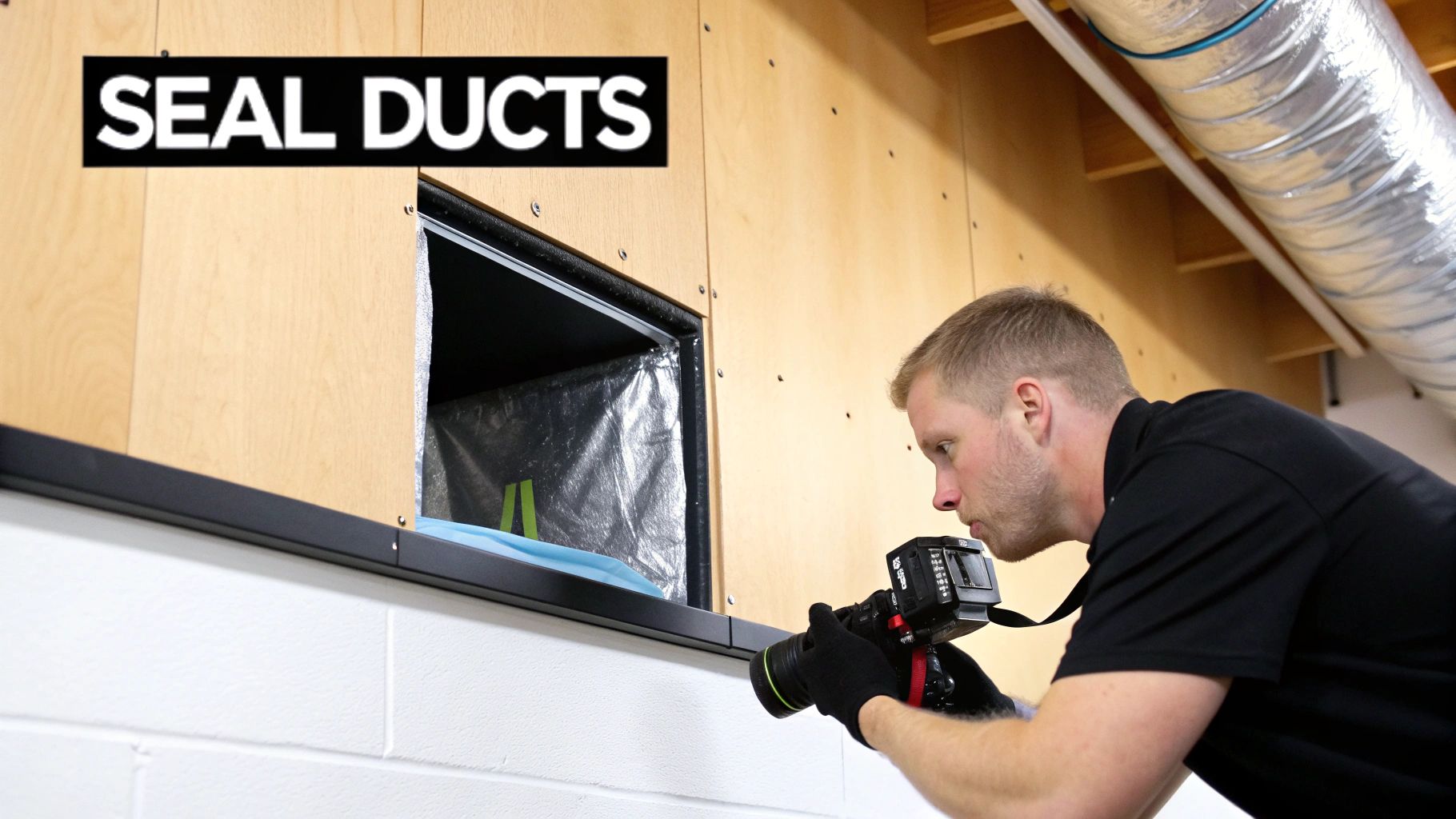 A man photographs an exposed air duct in a commercial building with a 'SEAL DUCTS' sign.