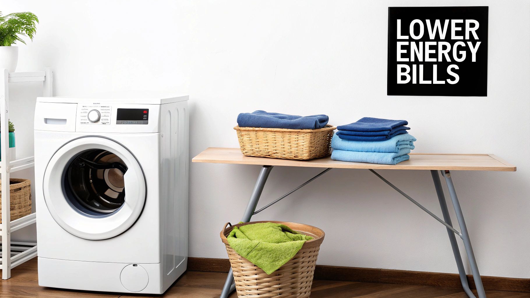 A laundry room with a washing machine, folded towels, and a sign promoting lower energy bills.