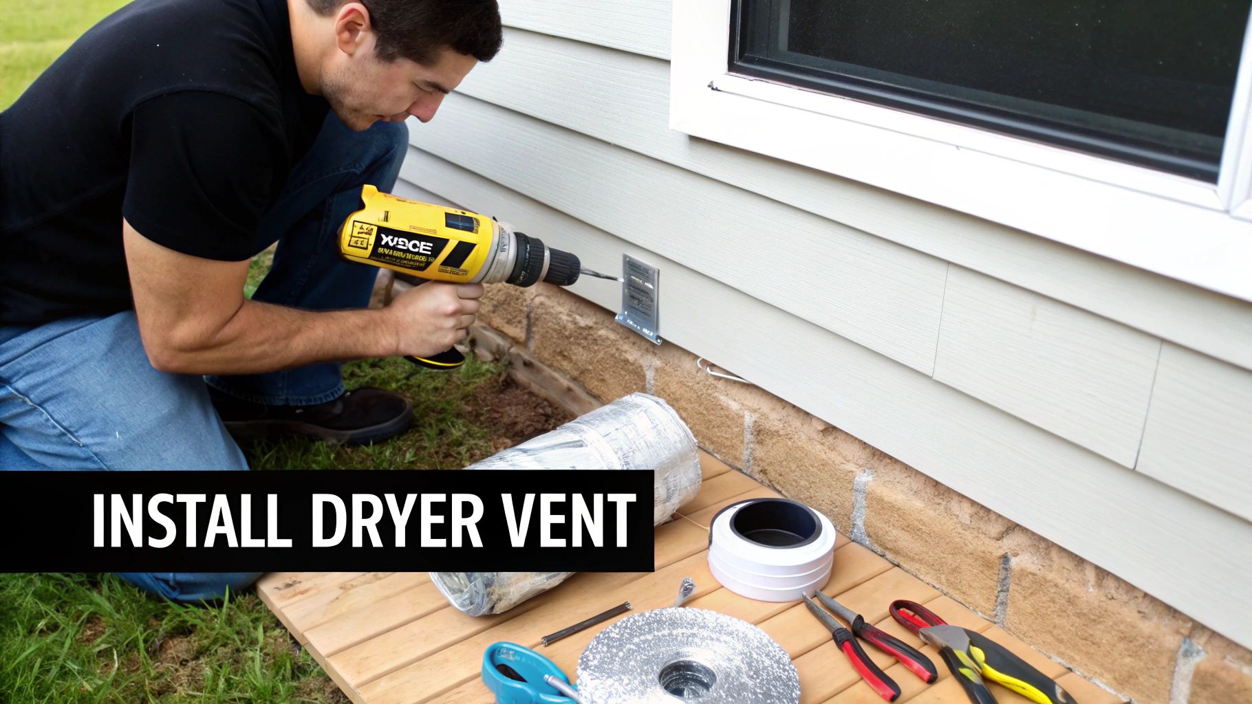 A close-up of a hand using a caulking gun to seal an exterior dryer vent hood.