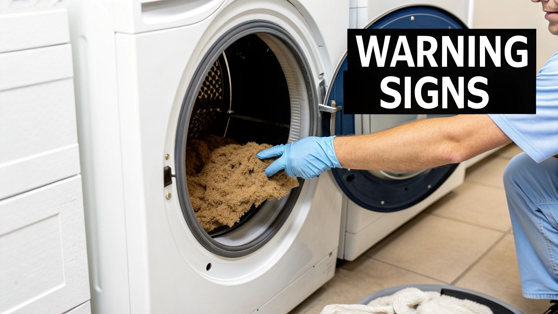 A gloved hand removes a massive amount of brown lint from a white dryer, indicating a clogged vent.