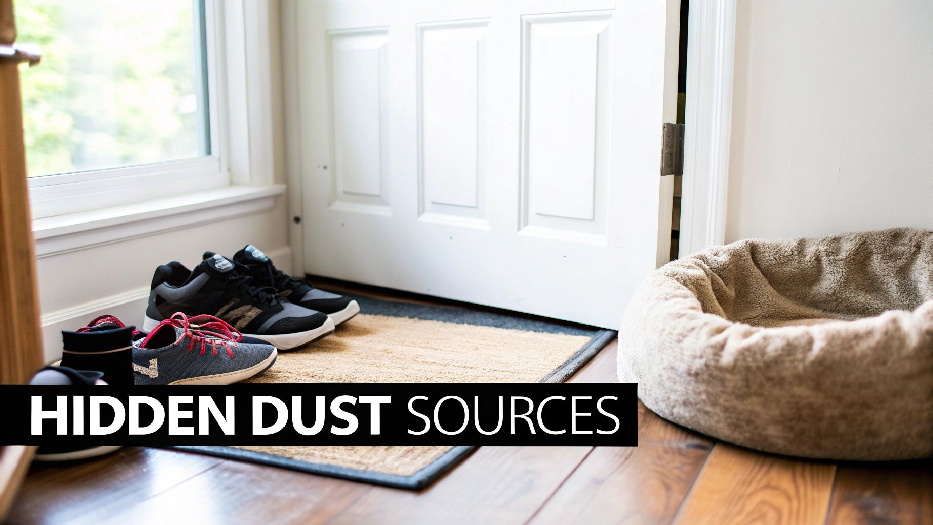 An entryway with a doormat, various shoes, a white door, and a fluffy pet bed, indicating dust sources.