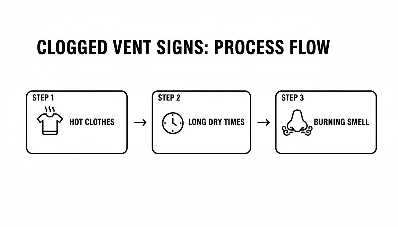 A three-step process flow illustrating clogged vent signs: hot clothes, long dry times, and a burning smell.