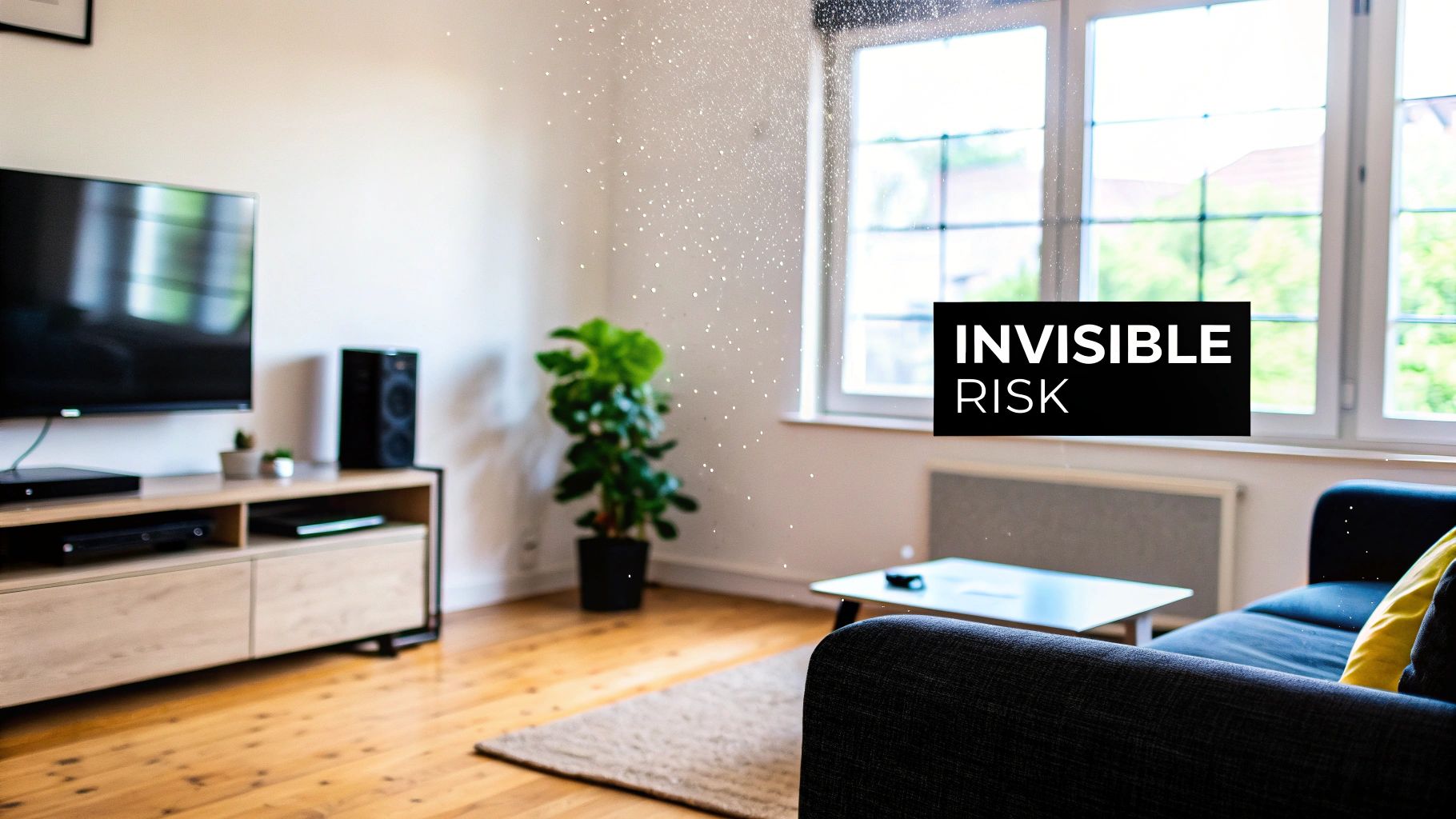 Living room with dust particles floating in the air near a window, highlighting invisible risk.