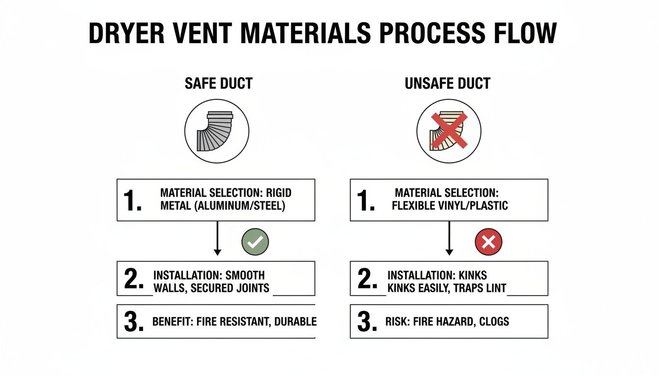 Flowchart comparing safe rigid metal dryer vents with unsafe flexible plastic vents, highlighting benefits and risks.