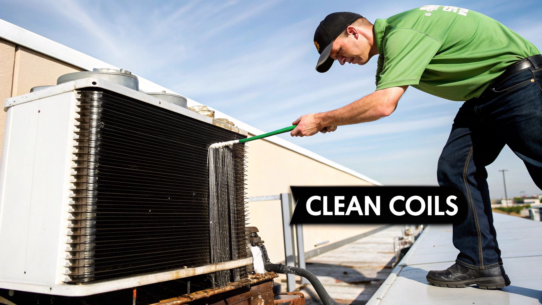 A technician in a green shirt and hat cleans the outdoor coils of a commercial HVAC unit on a rooftop.