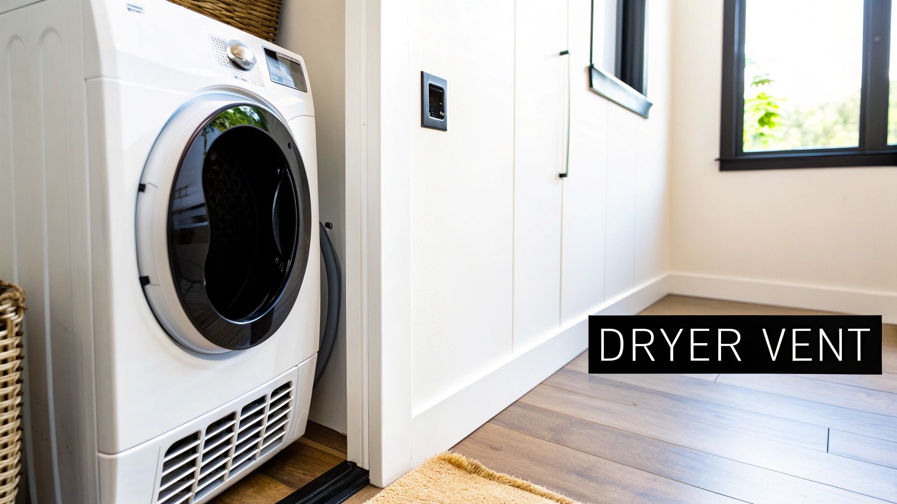 A modern white front-loading dryer with a dark door, nestled in a bright laundry space.