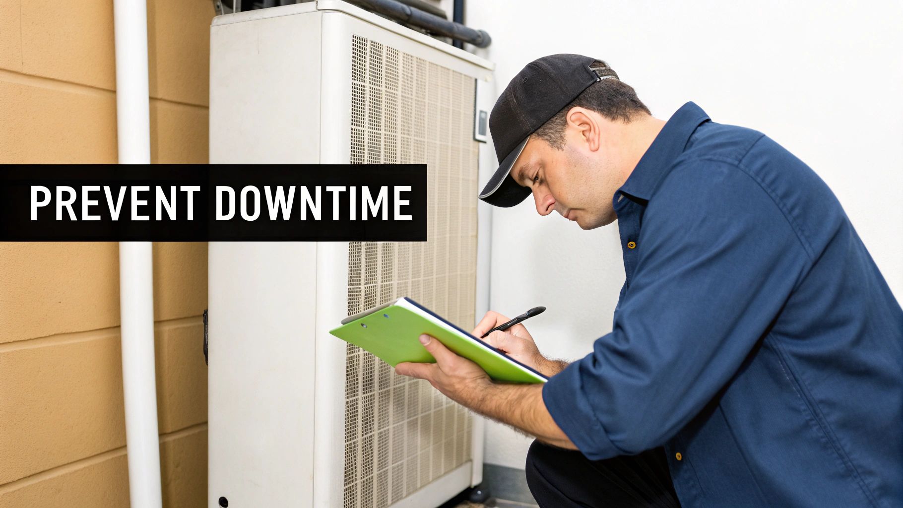 A maintenance worker in a hard hat inspecting industrial equipment, representing proactive maintenance.