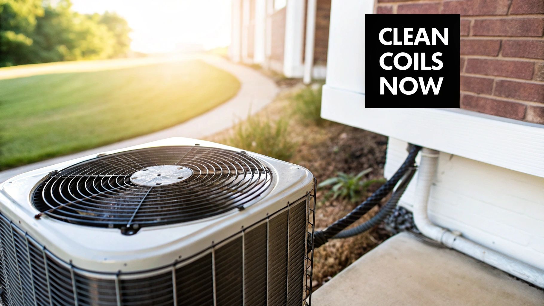 An outdoor air conditioning unit with 'CLEAN COILS NOW' text next to a house and green lawn.