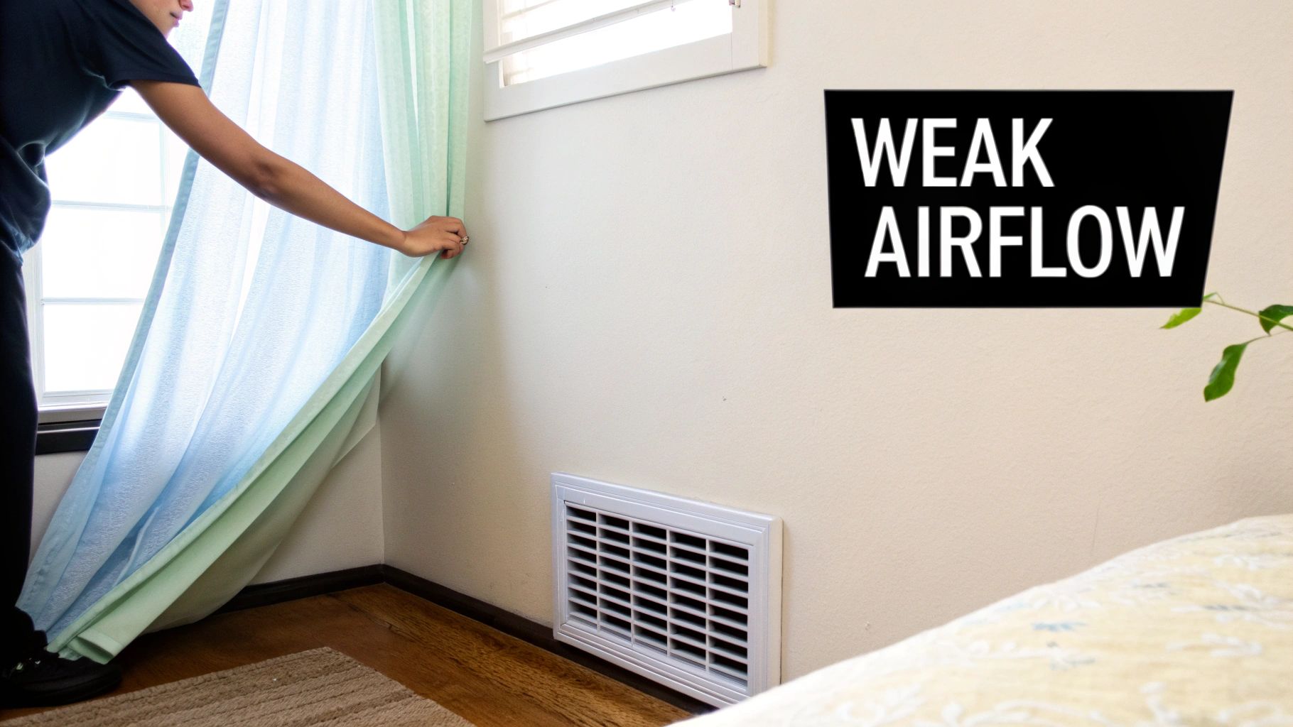 A person moves curtains to reveal an air vent on a wall, with "WEAK AIRFLOW" text.