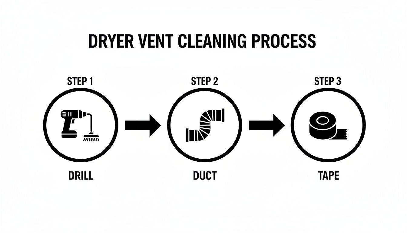 A diagram illustrating the three-step process for cleaning a dryer vent.