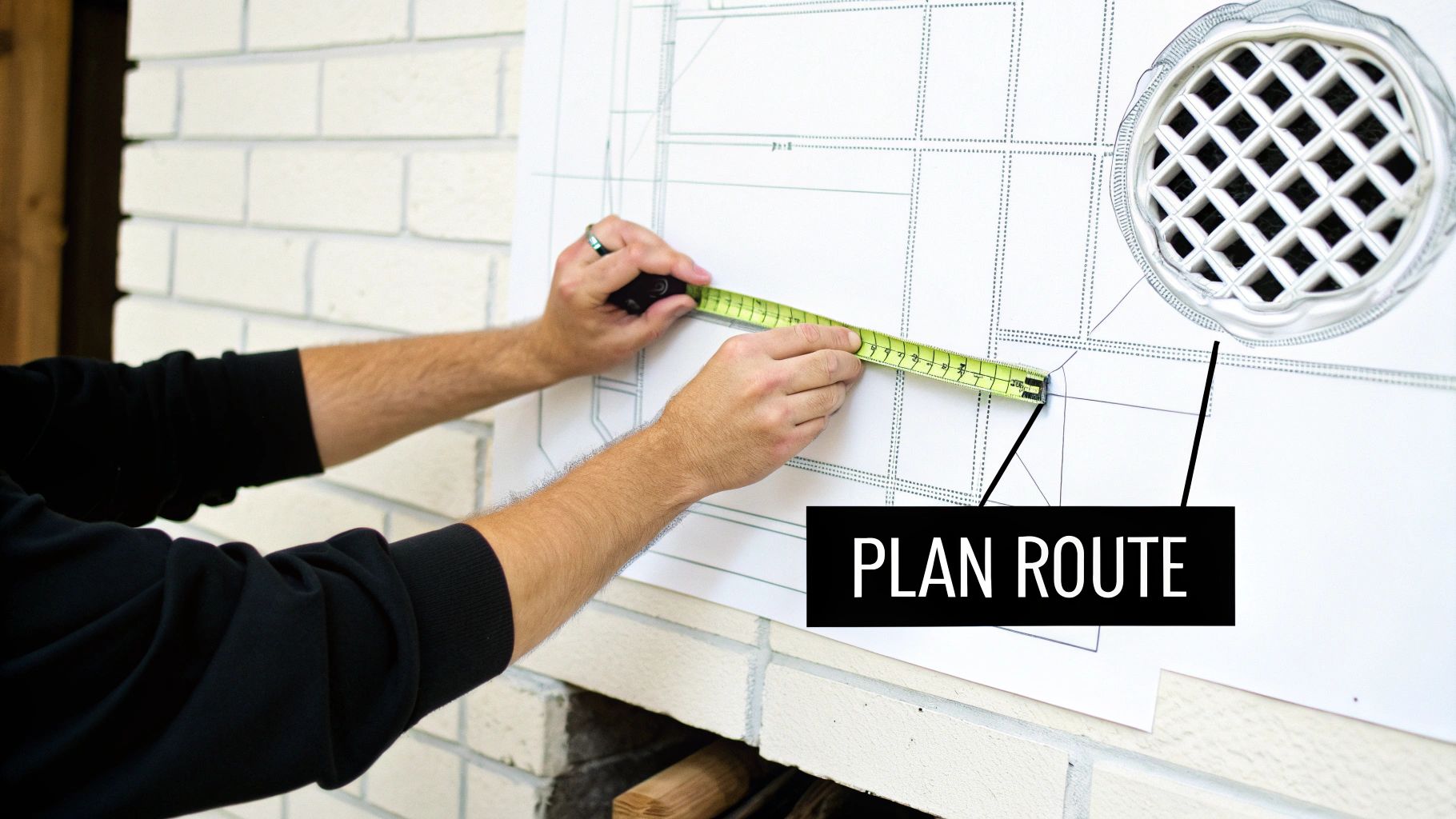 A person measuring a wall with a tape measure to plan a dryer vent route.