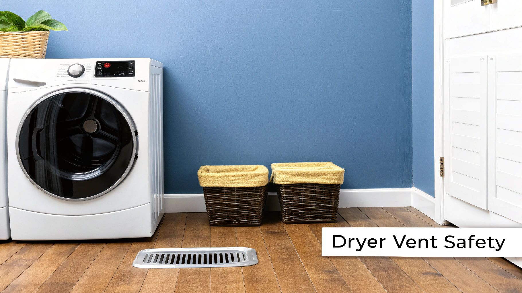 A laundry room with a white washing machine, two wicker laundry baskets, and a floor vent.