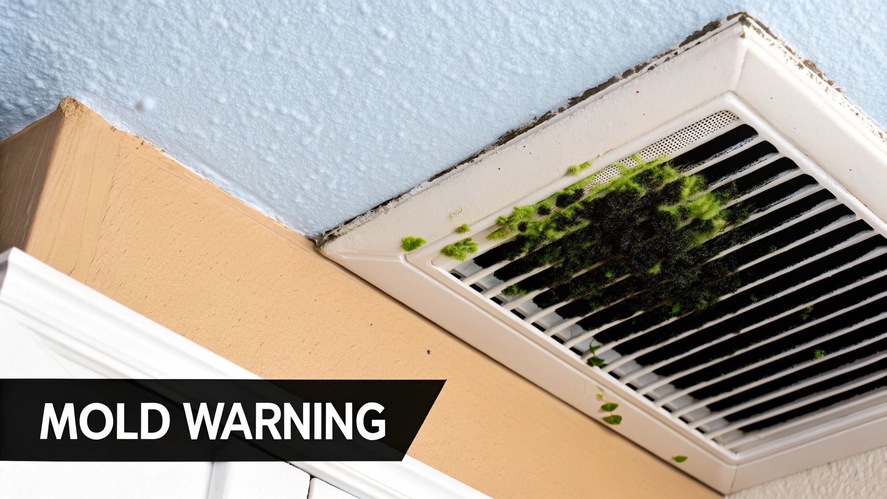 Mold growing on a ceiling air vent, indicating poor ventilation and moisture issues, with a 'Mold Warning' banner.
