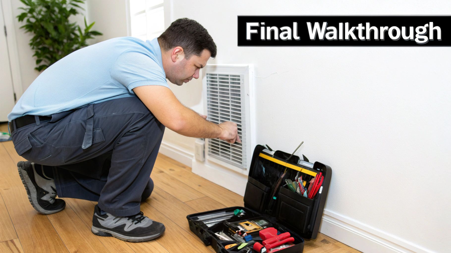 A man in a blue shirt kneels, inspecting a white air vent on a wall, with tools nearby.