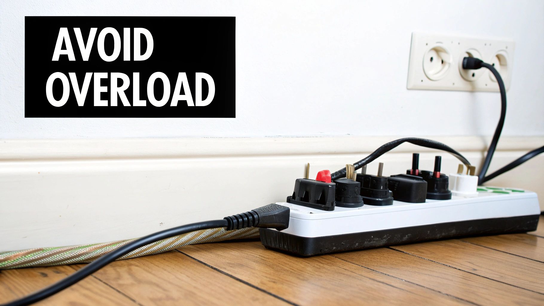 A power strip on a wooden floor with many plugs inserted, next to an &#39;AVOID OVERLOAD&#39; sign.