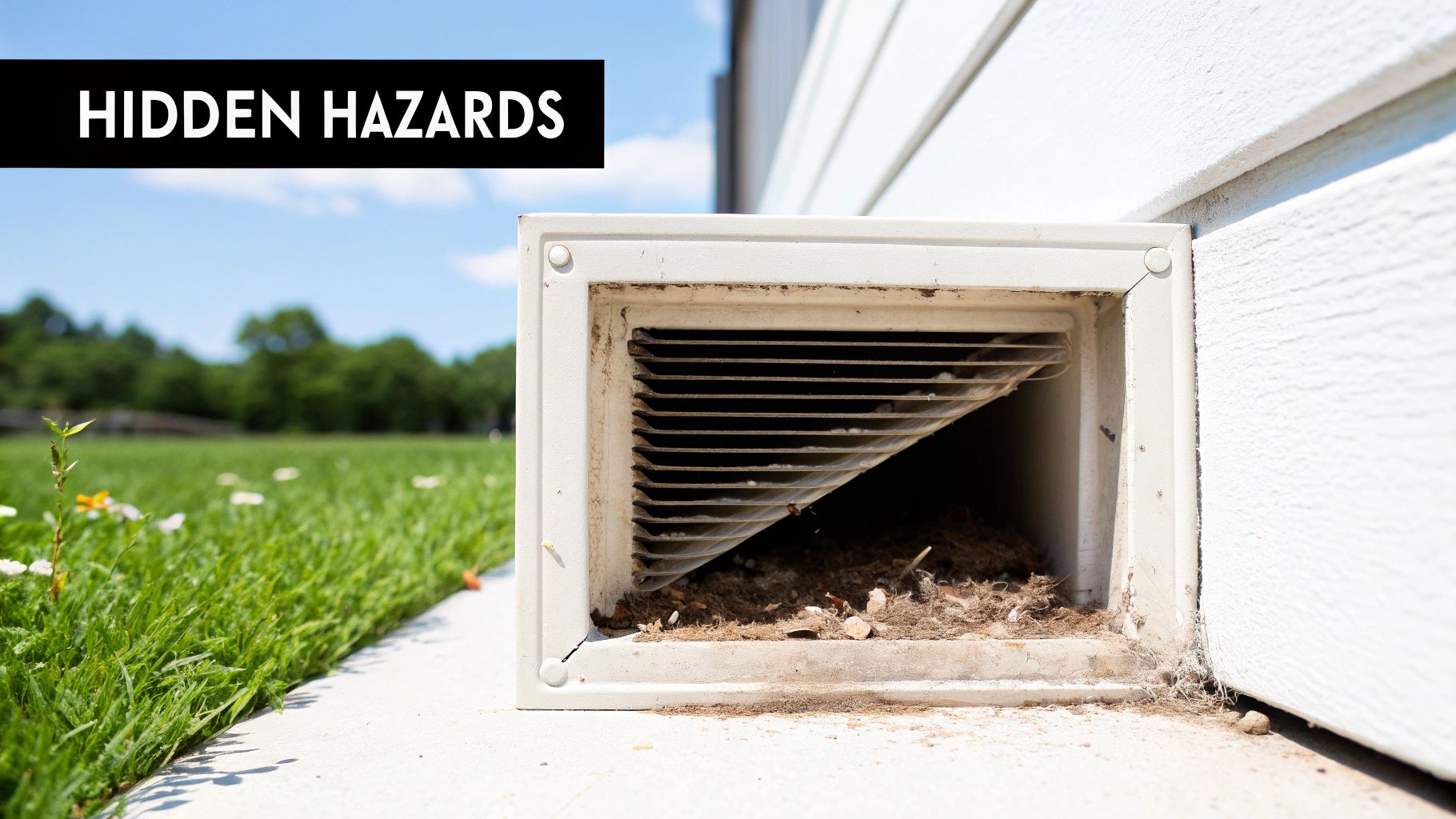 A dirty outdoor dryer or air vent on a house, clogged with lint and debris, labeled 'HIDDEN HAZARDS'.