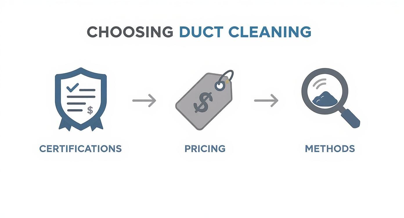 Infographic showing three key factors for choosing duct cleaning: certifications, pricing, and methods with icons
