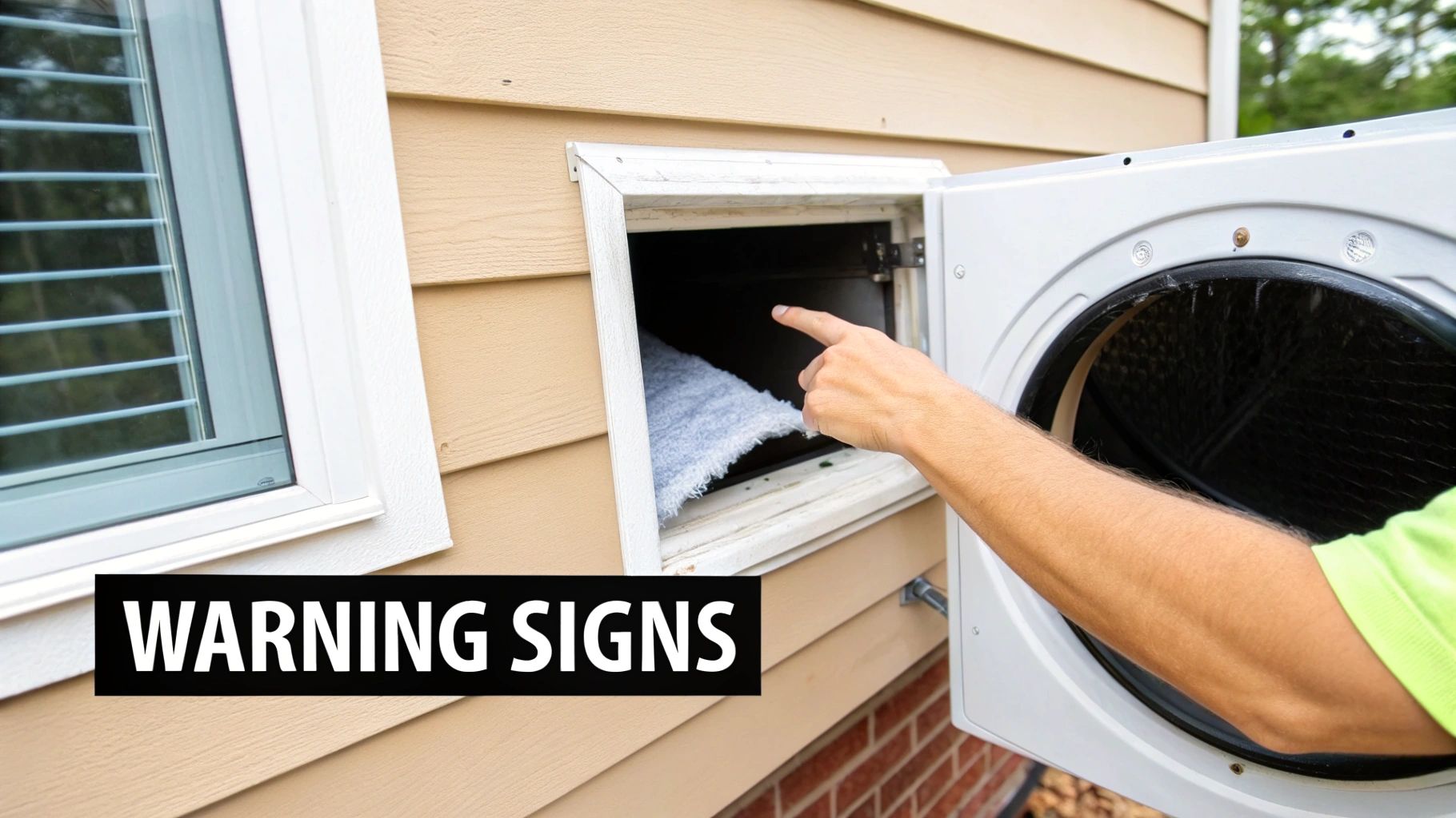 Person pointing at a dirty lint screen inside an open outdoor dryer vent on a house.