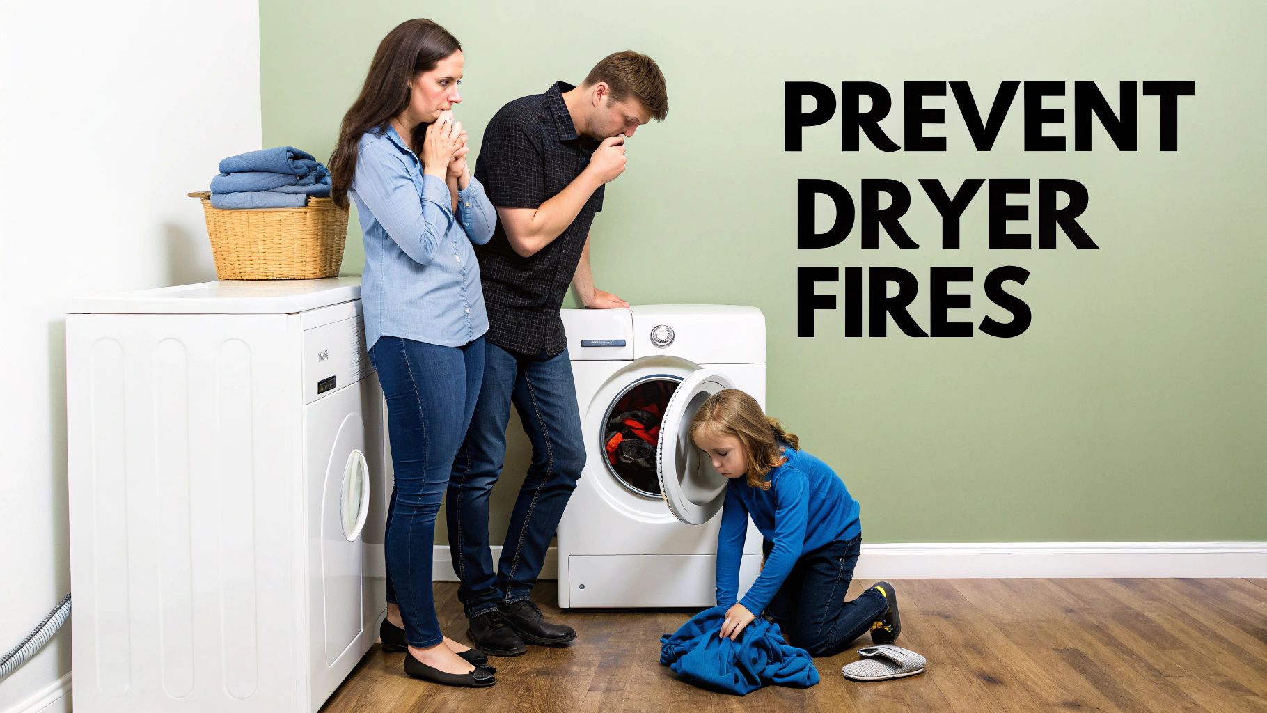 A concerned family holding their noses near a dryer, with text 'PREVENT DRYER FIRES' on the wall.