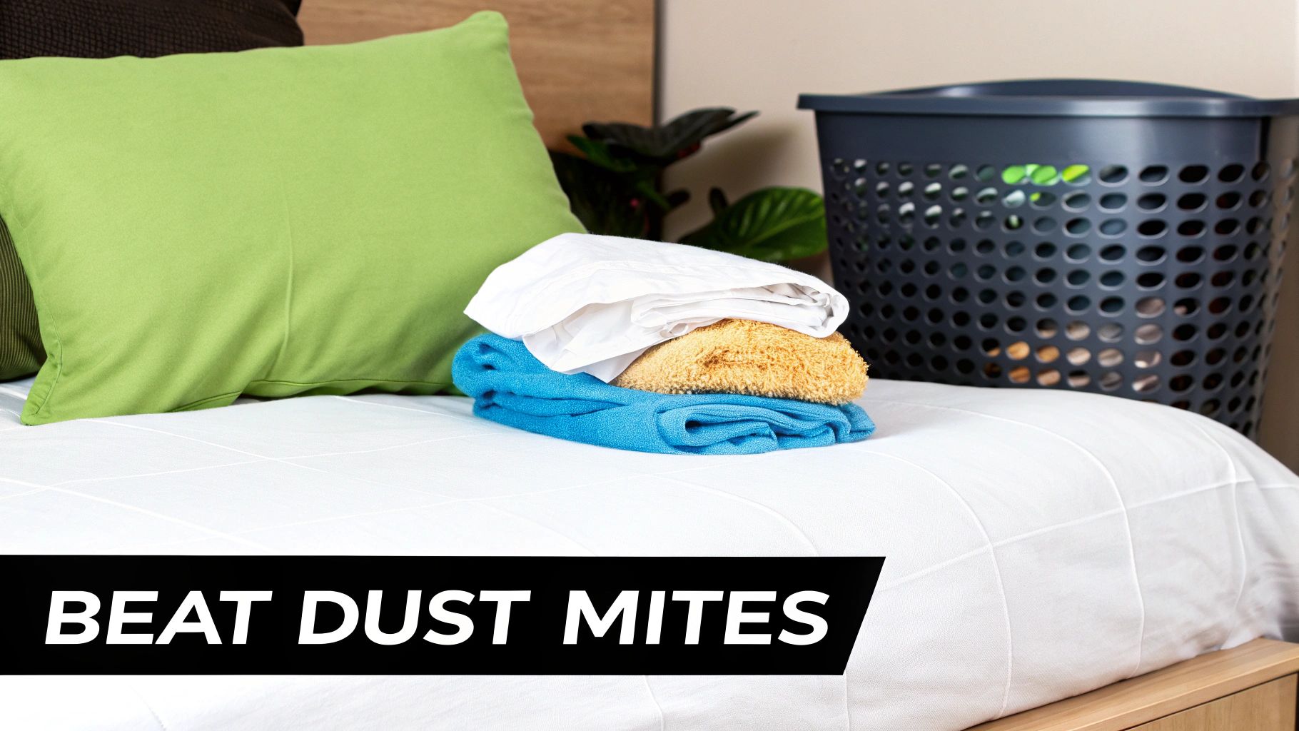 Freshly laundered items on a clean bed with a green pillow and laundry basket. Text: 'Beat Dust Mites'.