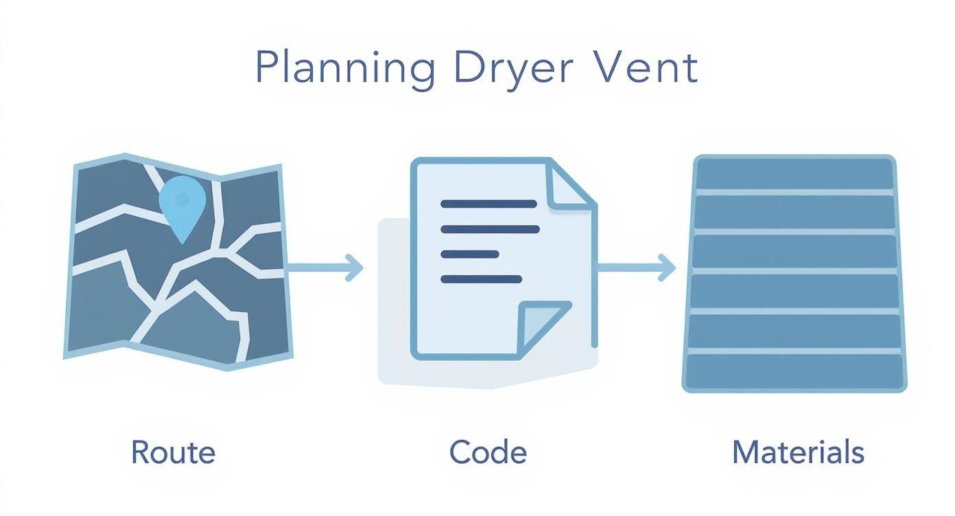 Illustration showing the steps for planning a dryer vent installation: Route, Code, and Materials.