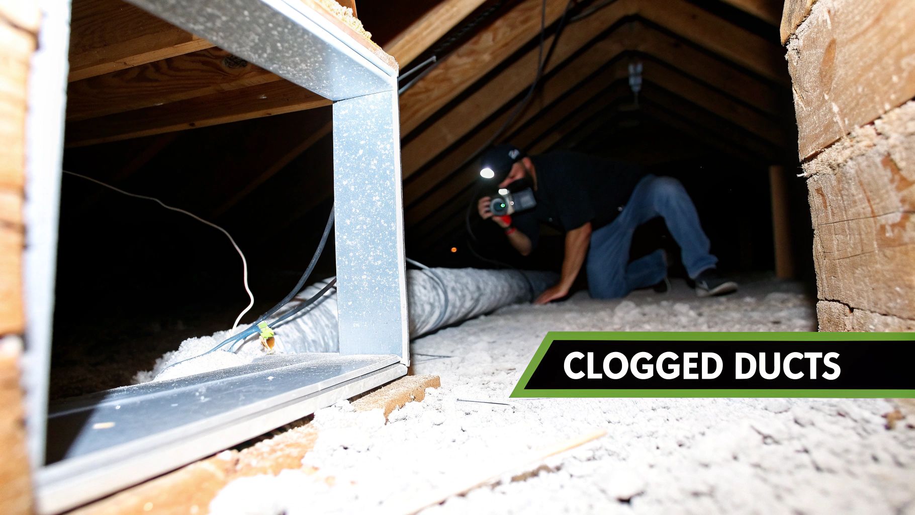 An inspector with a headlamp and camera examines flexible ducts in a dimly lit, insulated attic.
