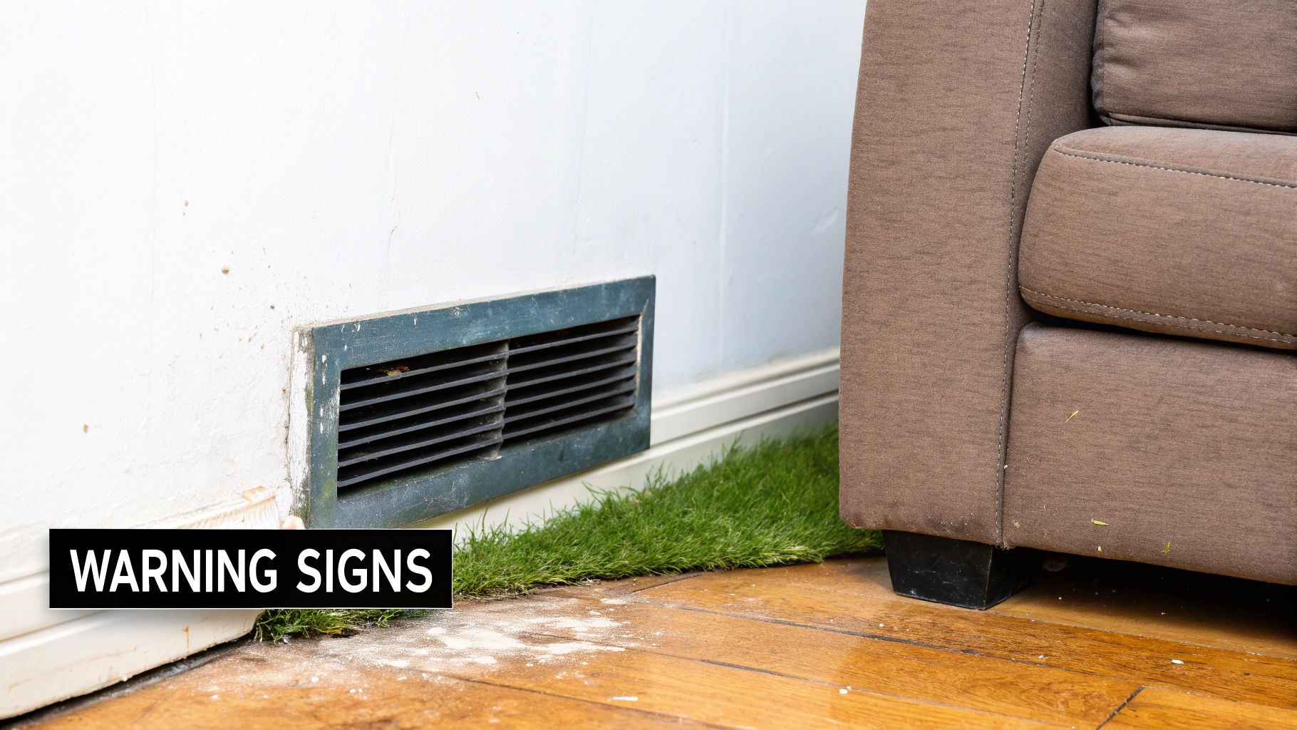 Close-up of a dirty air vent on a wall with debris, indicating warning signs for maintenance.