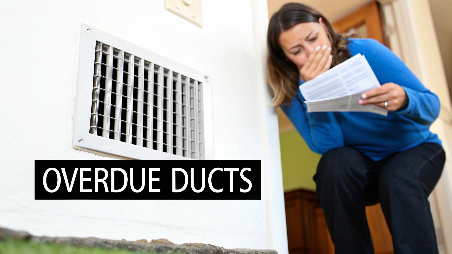 A distressed woman reacts to a bill next to an air vent with &#39;OVERDUE DUCTS&#39; text.