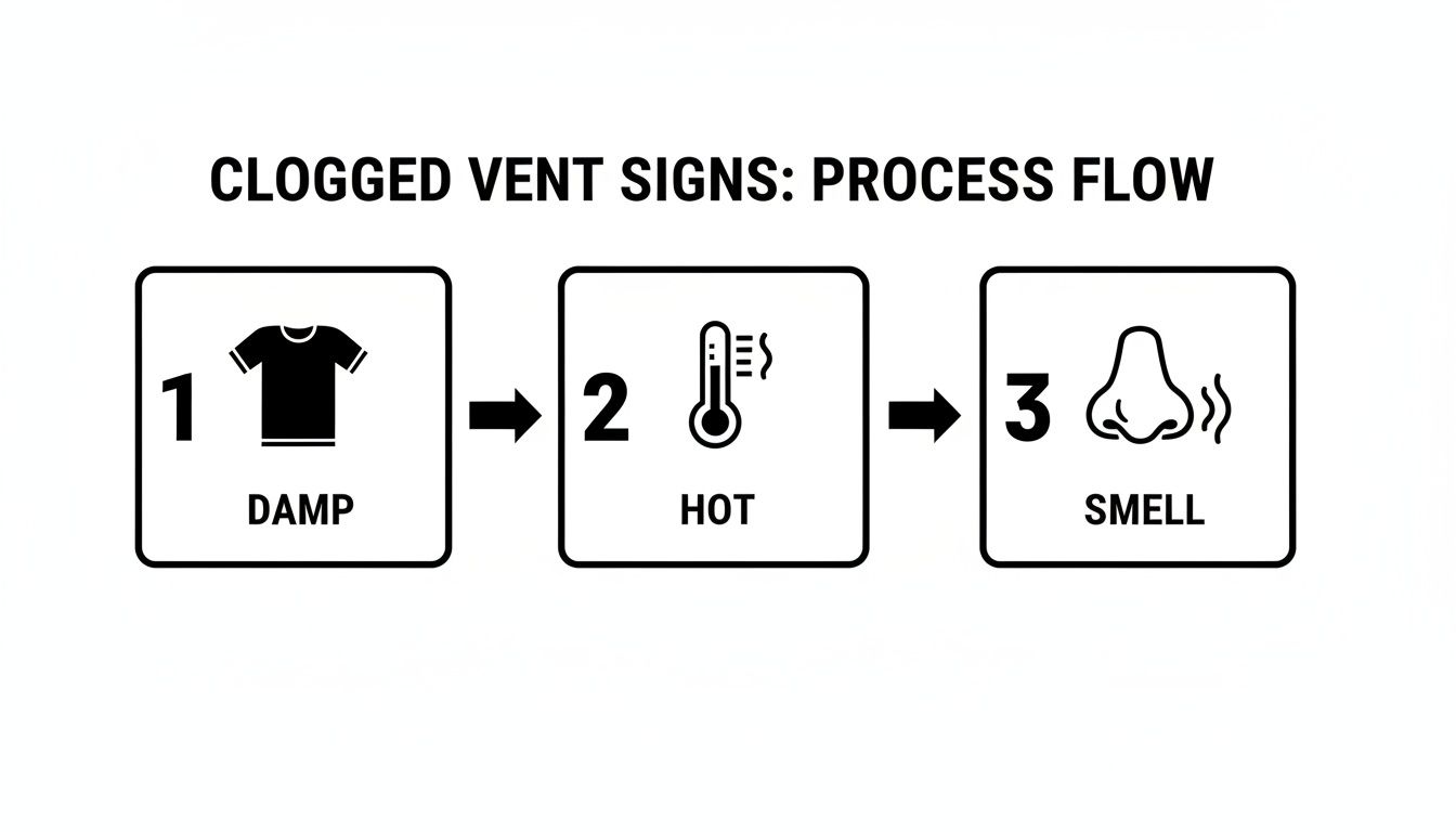 A process flow diagram showing three signs of a clogged vent: damp clothes, hot temperature, and a smell.