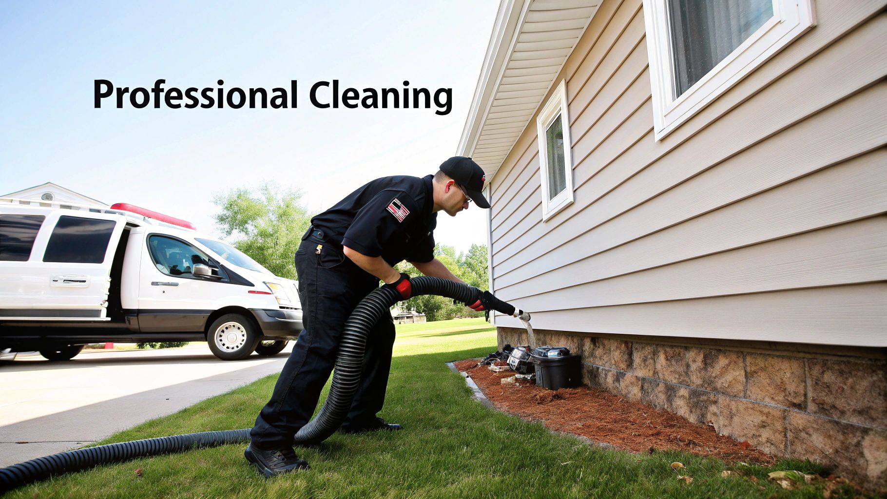 A professional cleaner in uniform uses a large hose to clean an outdoor vent system of a house with a service van nearby.