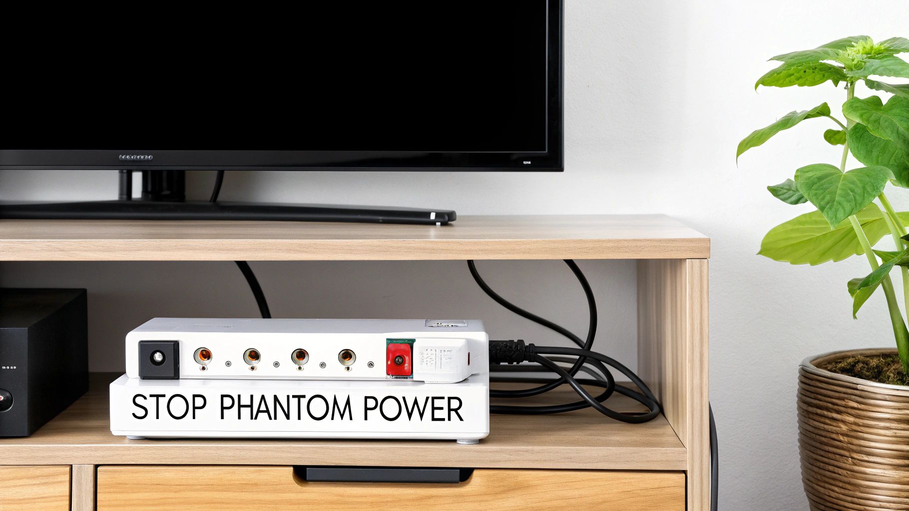 A white power strip labeled 'STOP PHANTOM POWER' on a wooden TV stand, promoting energy efficiency.