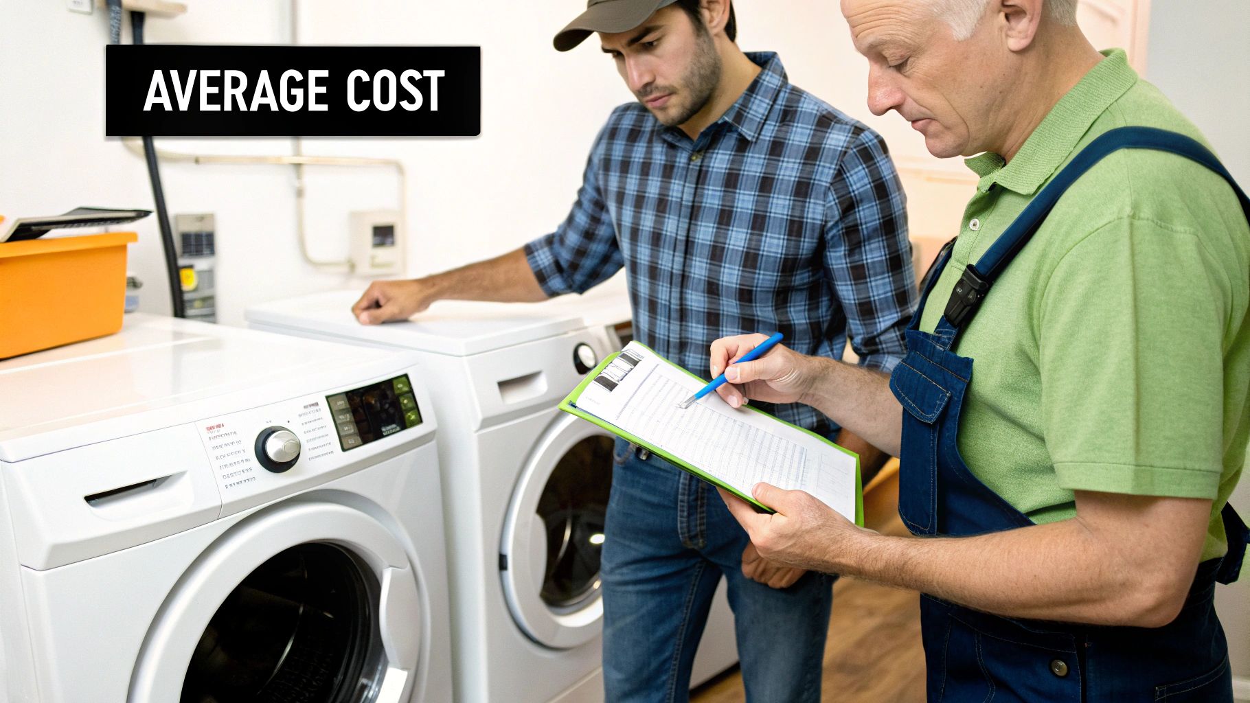 Two technicians reviewing clipboard paperwork discussing average cost of dryer vent cleaning service