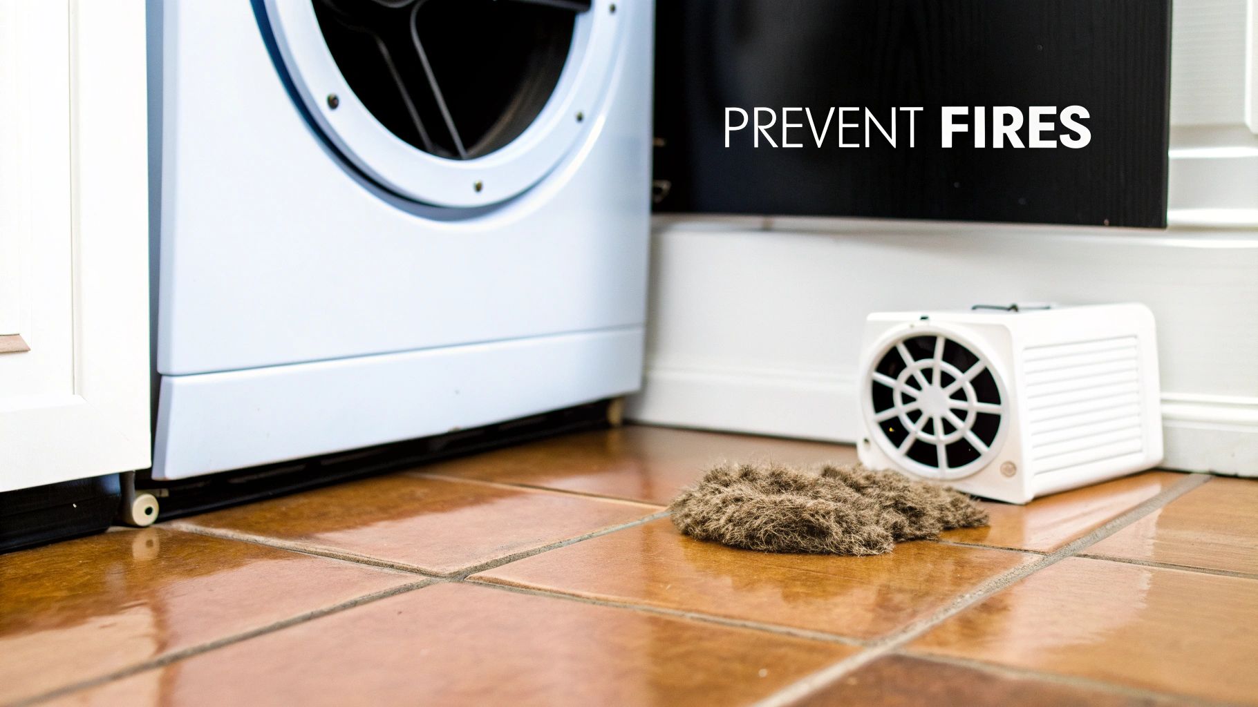 A dryer, a significant pile of lint, and a dryer vent cleaning tool on a tiled floor, emphasizing fire prevention.