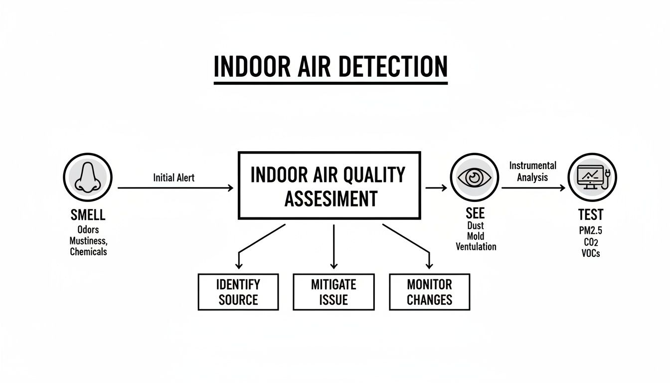 Flowchart detailing the indoor air quality detection and assessment process, from initial smell alert to instrumental testing and mitigation.
