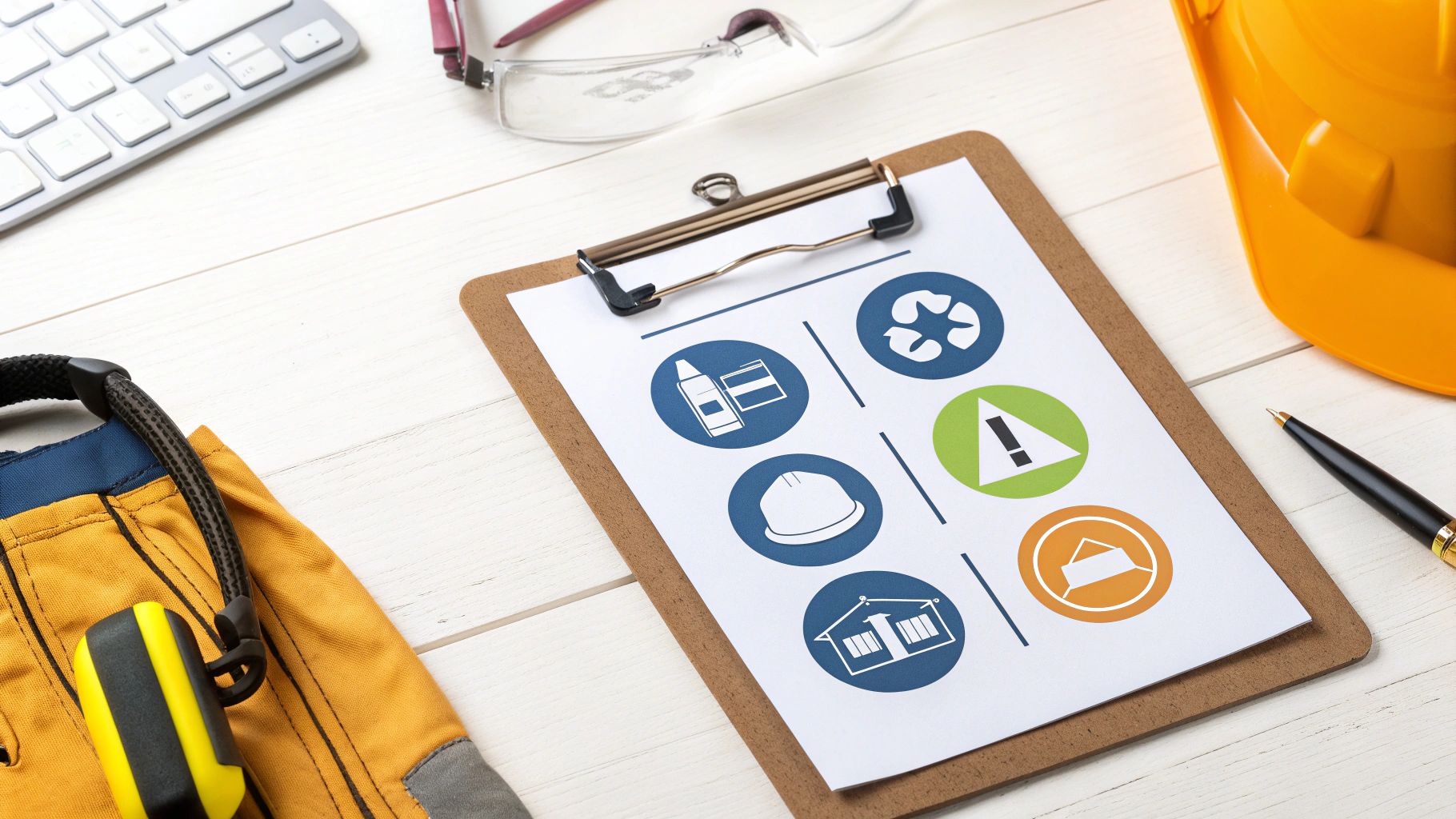 טופס עם סמלי בטיחות, קסדה צהובה, משקפי מגן וציוד בטיחות נוספים על שולחן עץ לבן.