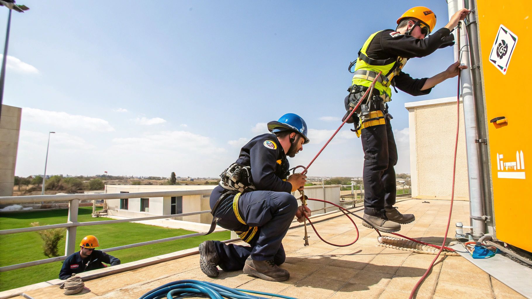 שלושה גברים בציוד בטיחות מלא, כולל קסדות ורתמות, מתאמנים בעבודת תגובה על גג בניין.