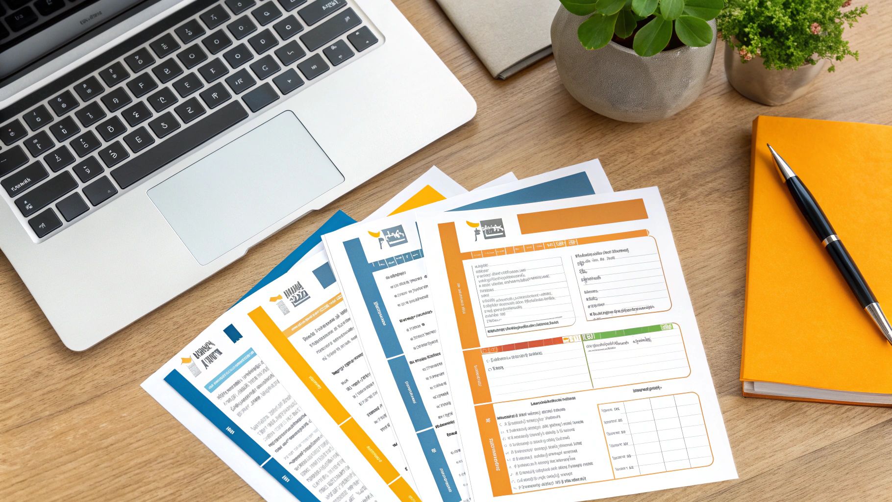 מבט שטוח על שולחן עבודה מודרני עם מחשב נייד, טפסים מודפסים, מחברת כתומה ועט, לצד עציצים ירוקים.