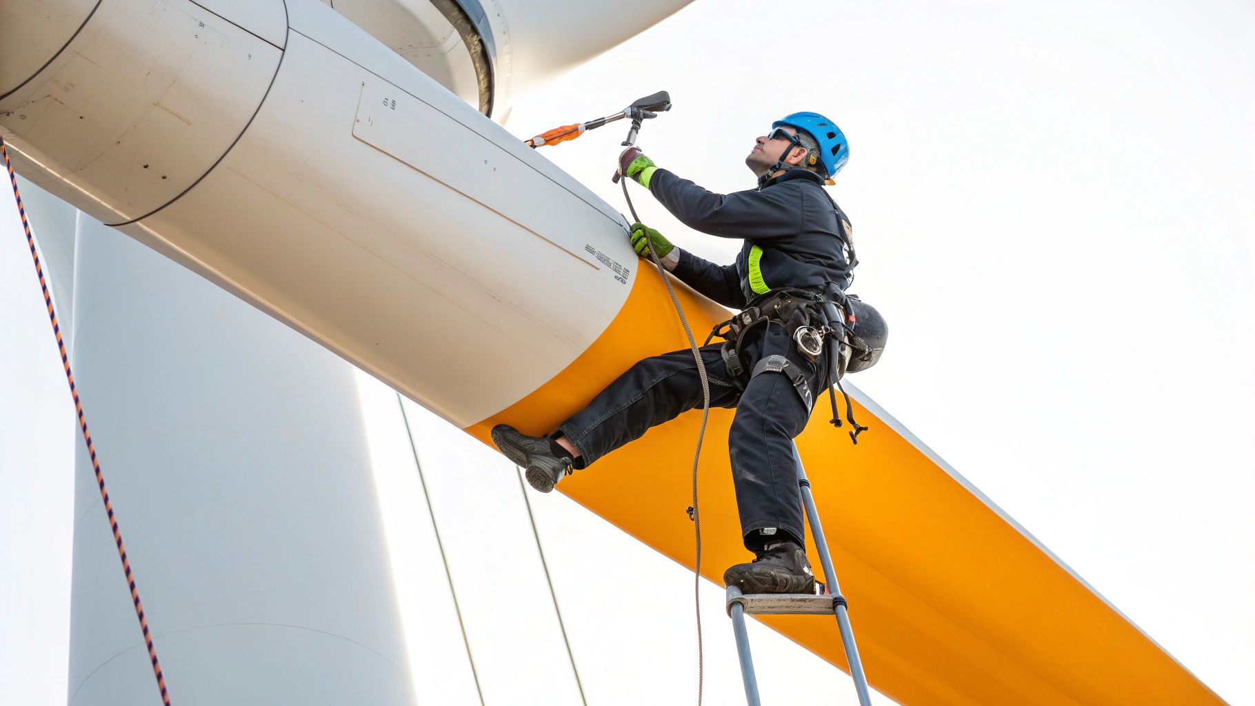 טכנאי בציוד בטיחות מלא מטפס על להב של טורבינת רוח לבנה וצהובה לצורך תחזוקה.
