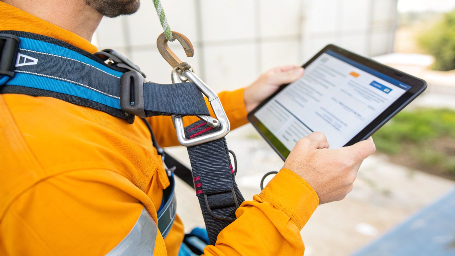 עובד במדי בטיחות כתומים ורתמת בטיחות מחזיק טאבלט, בודק מידע דיגיטלי באתר.