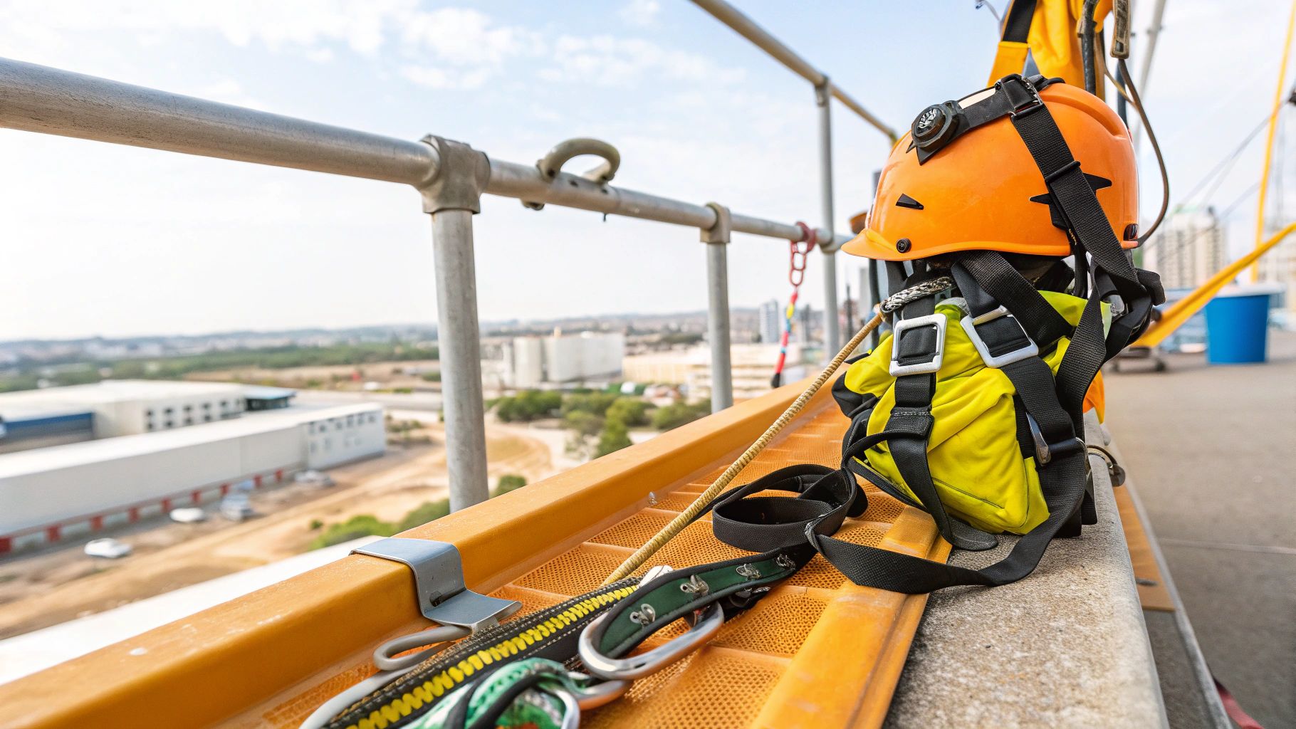 ציוד בטיחות לעבודות בגובה, כולל קסדה כתומה ורתמה צהובה, באתר בנייה עם נוף פתוח.