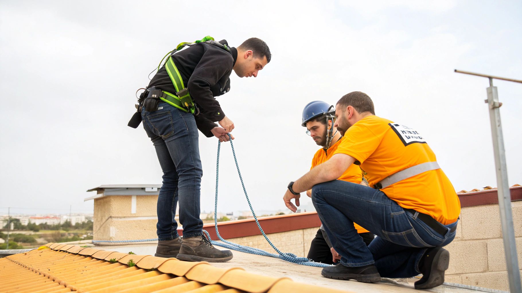 שלושה גברים על גג, אחד עם רתמת בטיחות וחבל, והאחרים עם קסדה וציוד מגן, מתייעצים לפני עבודה בגובה.