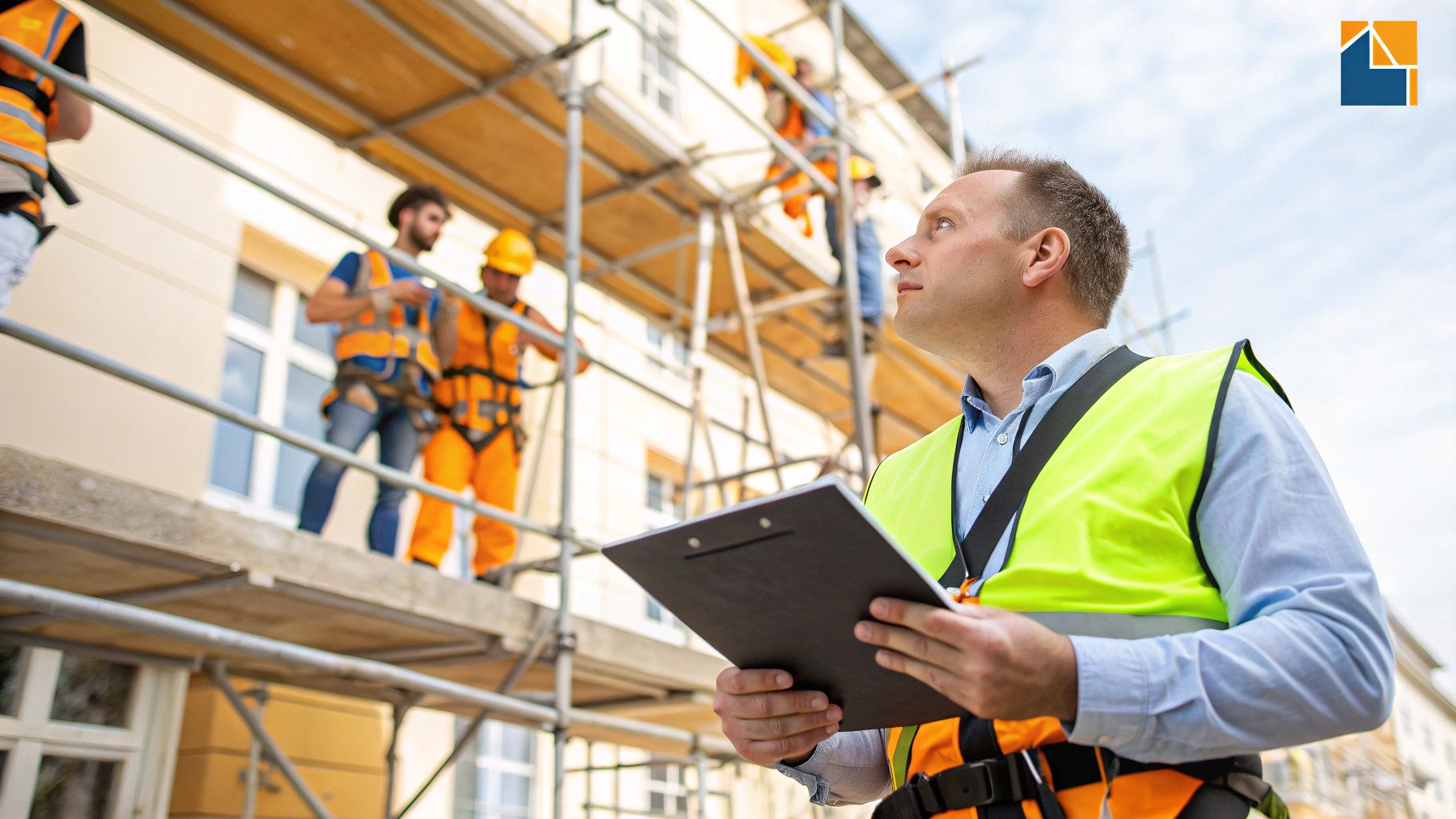 מפקח בטיחות באתר בנייה בוחן עובדים על פיגומים עם לוח תיעוד.