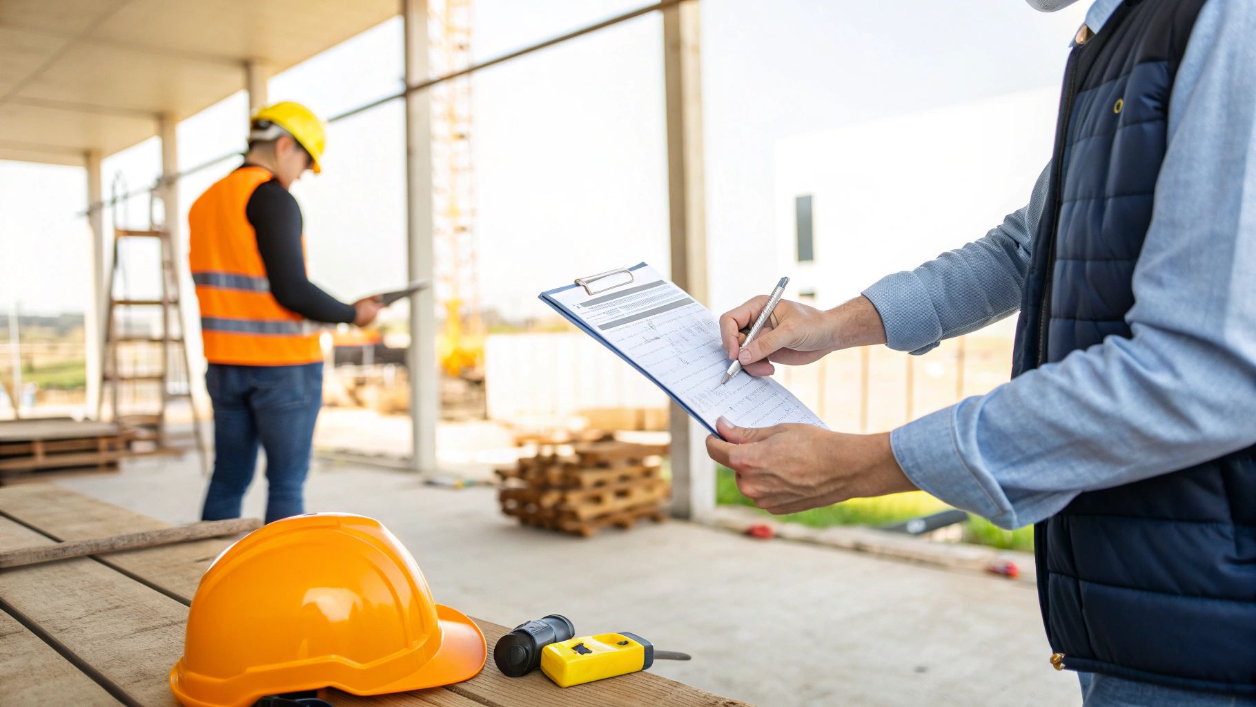 עובדים באתר בנייה: כותב אחד על טופס בטיחות, שני משתמש בטאבלט, וקסדת בטיחות על השולחן.