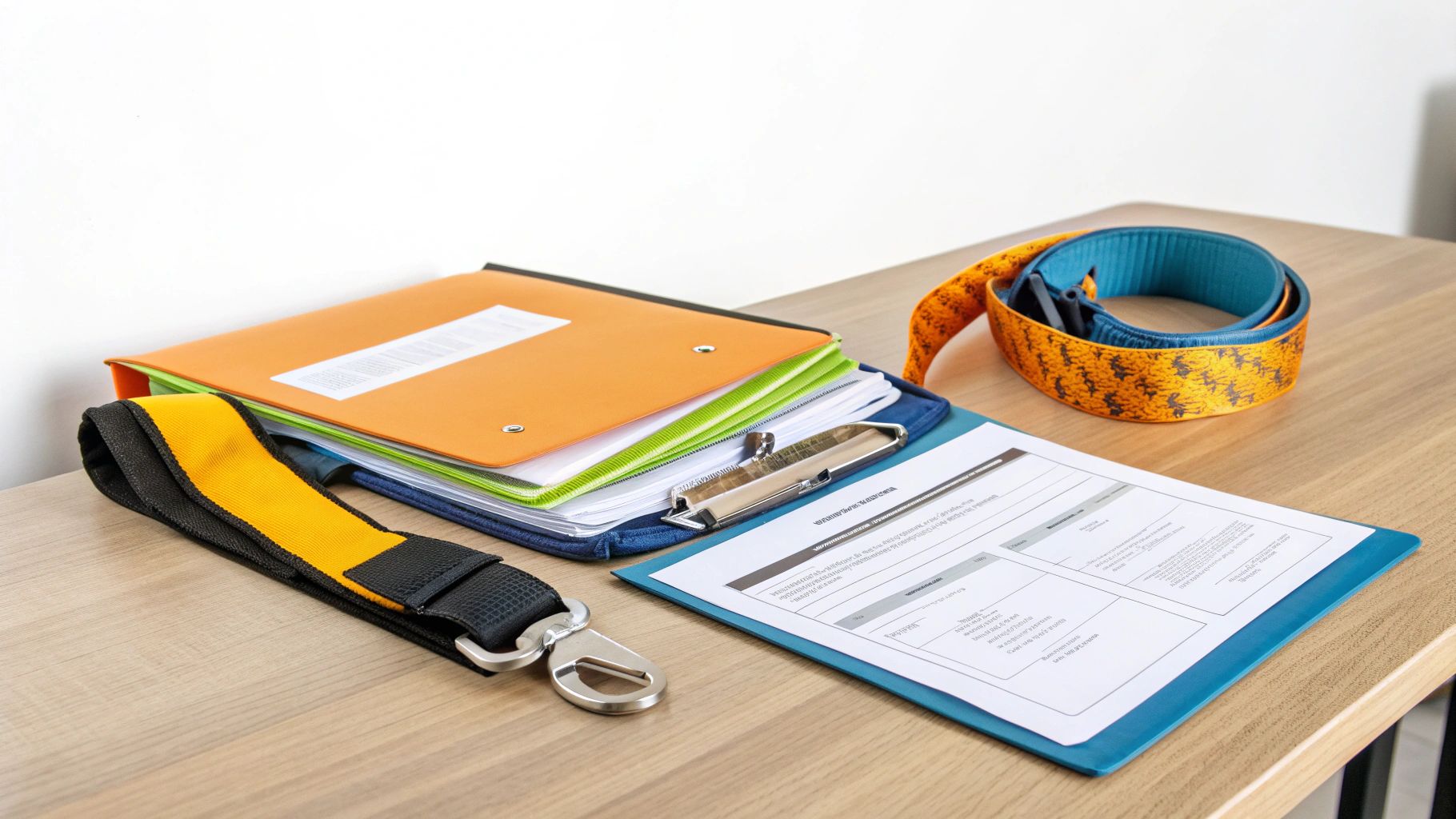 ציוד משרדי ורישומים על שולחן עץ, כולל קליפבורד, תיקיות צבעוניות, ורצועות עבודה.